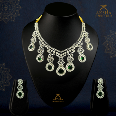 Beautiful Rhodium Plated Emerald Drop Necklace Set