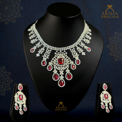 Elegance Rhodium Plated American Diamond Ruby Pink studded Necklace Set